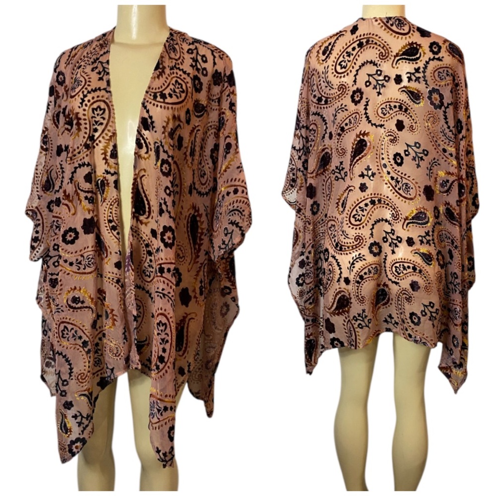 Japna Open Front Kimono Sheer Flocked Velvet Rose Brown Boho Fairy Size Large